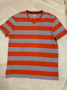 Lacoste Orange and Gray Striped V-Neck Short Sleeve Tee